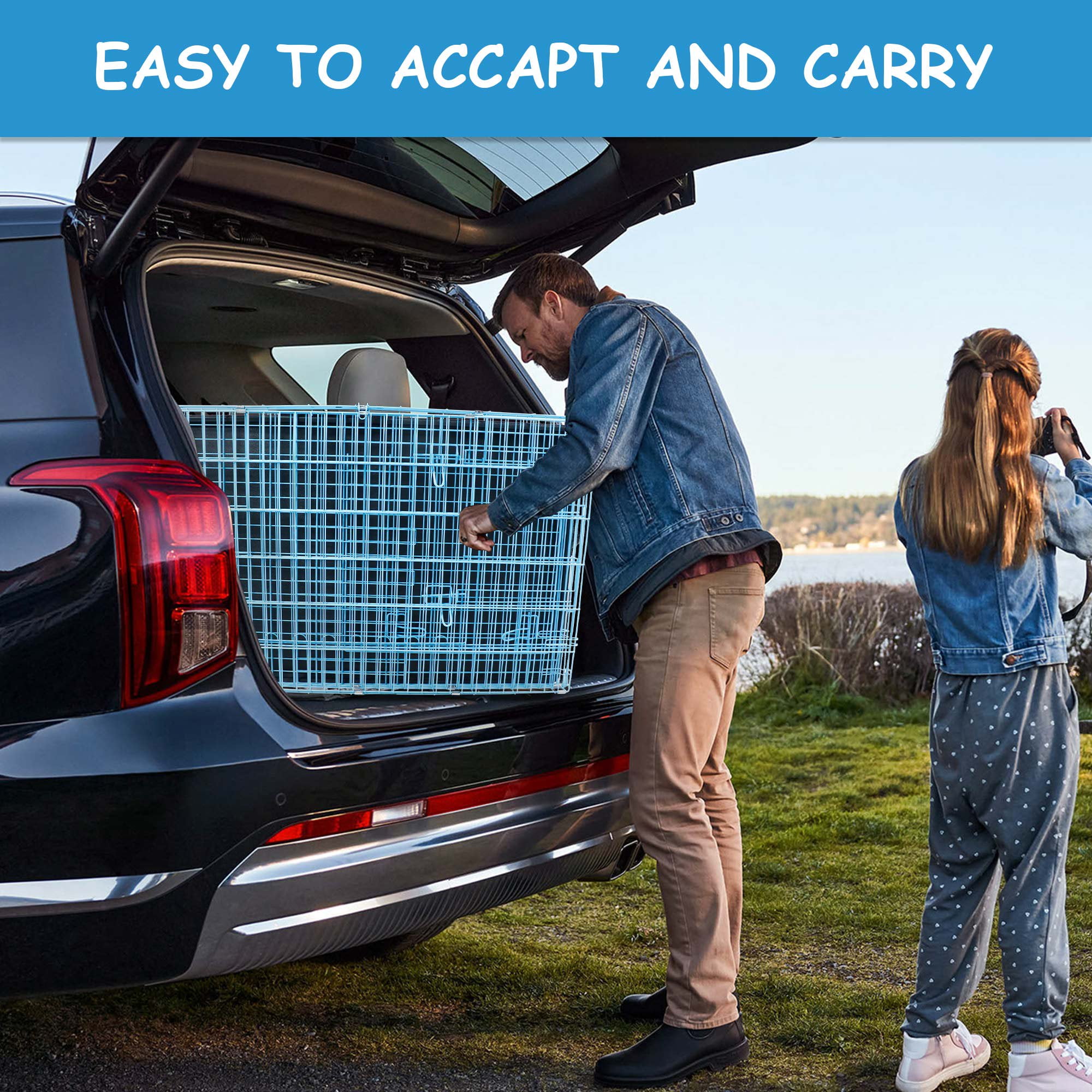 CL.HPAHKL 24 Inch Small Dog Cages for Inside, Portable Foldable Metal Crates for Dogs with Double Door & Removable Tray Small Wire Dog Kennel with Divider for Small Puppy, Cat Indoor Outdoor, Blue