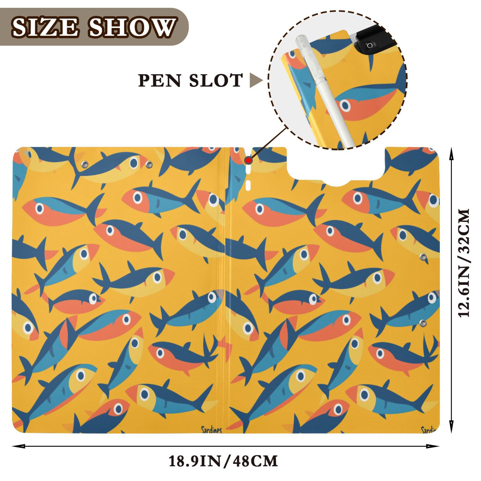 FORMRS A4 Clipboard Folder with Pen Holder Horizontal Foldable School Office Binder, Yellow Sardines Pattern
