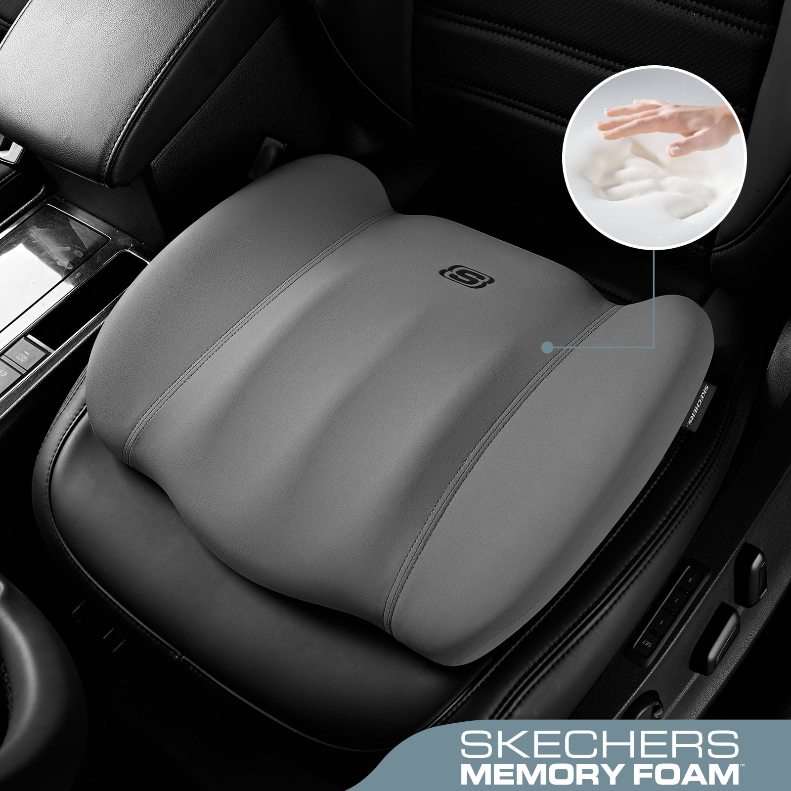 Skechers Memory Foam Car Seat Cushion, Comfortable Support for Long Drives, Universal Fit for Cars and SUVs Gray