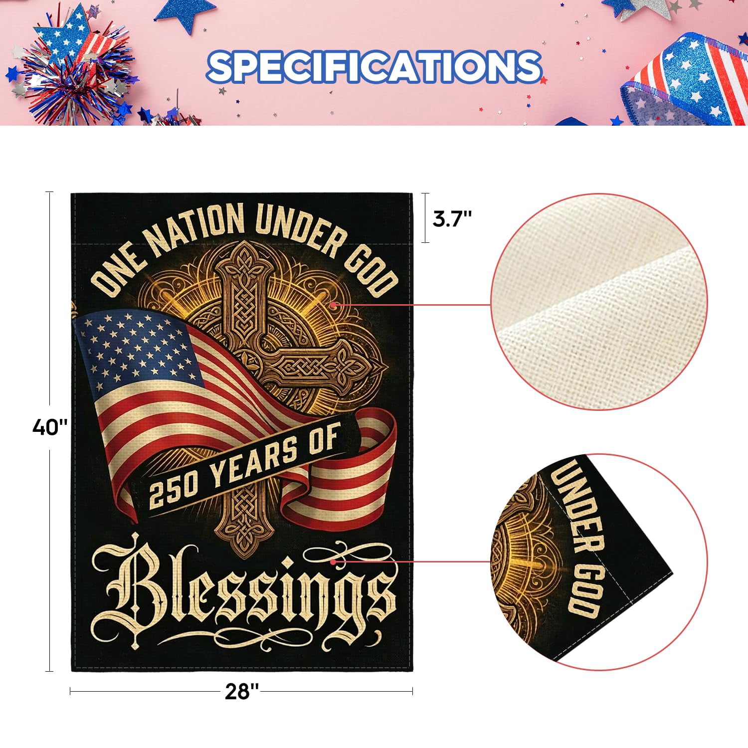 Patriotic 250 Years of Blessings House Flag Double Sided, American 250th Anniversary 1776-2026 USA Yard Outdoor Decoration