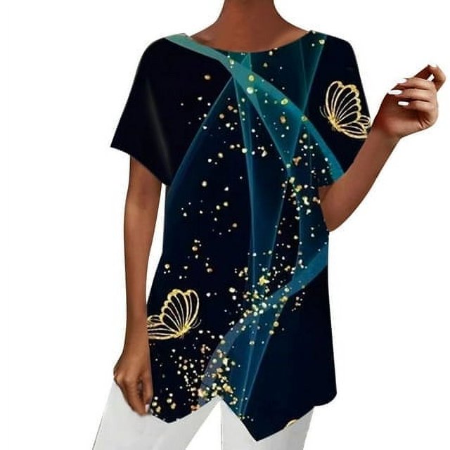 WEAIXIMIUNG T-Shirts à Col en V pour Femmes Coupe Ample Mode pour Femmes Imprimé Ample Manches Courtes Col Rond Haut Ourlet Irrégulier T-Shirt