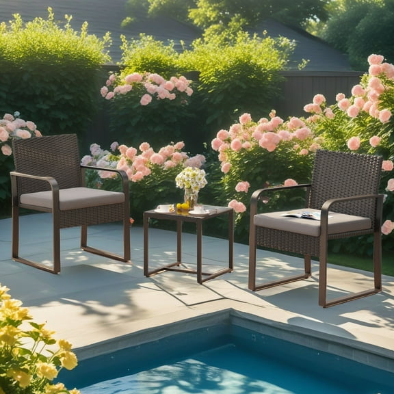 3-Piece Patio Rocking Bistro Set with Glass Table, Weatherproof Cushions & Anti-Scald Arms - Outdoor Wicker Furniture for Deck, Poolside, Garden or Porch - Gray