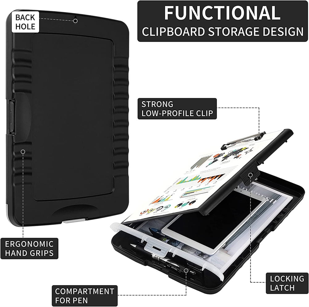 NOGIS Plastic Clipboard with Storage, High Capacity Nursing Clipboards with Pen Holder, Slim Clipboard Storage Box with Heavy Duty Clips, Clipboard Folder Side-Opening, Black