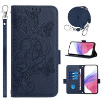 Designed for Samsung Galaxy S25 Case Wallet, Women Flip Folio Cover with Embossed PU Leather Stand Credit Card Holders Slots Wrist Strap Shoulder Strap Phone Case, RFID Blocking, Darkblue