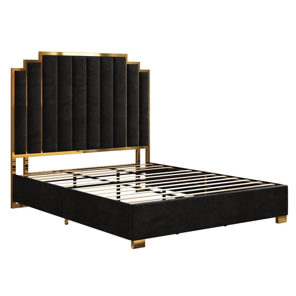 Amerlife 65.4” Tall Gold Trim Headboard California King Size Upholstered Bed, Modern Velvet Bed Frame, Black