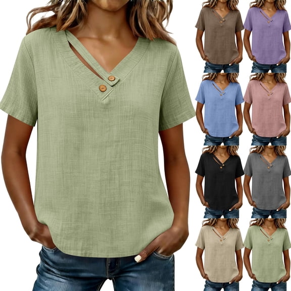 Paiwinds Women's Linen Blend V-Neck Short Sleeve Top with Button Detail - Loose Casual Summer Shirt in Beige