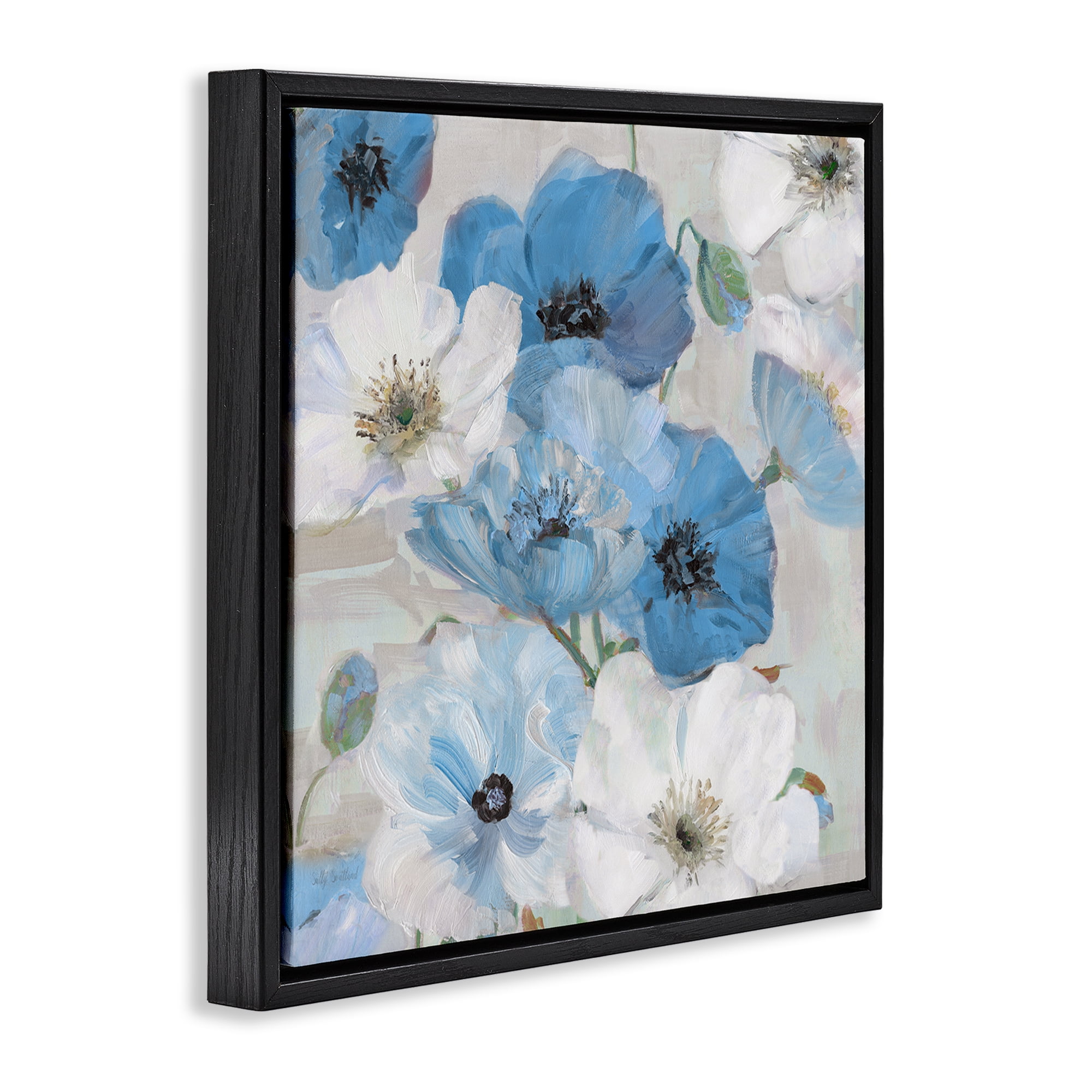 Stupell Industries Mixed Blue & White Blooms Plants & Flowers Painting Black Floater Framed Canvas Art Print Wall Art, 18 x 18