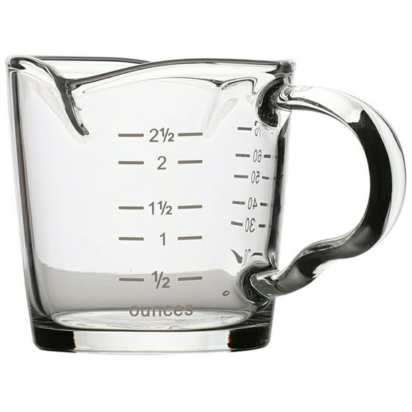 taza medidora de vidrio resistente a la temperatura con dos bocas y escala.