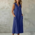 thumbnail image 4 of ClodeEU Women's V Neck Sleeveless Linen Blend Hooded Midi Dress,Casual Loose Fit Dress with Pockets Blue,Women's Plus XXL, 4 of 7
