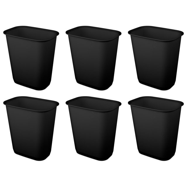 Sterilite Rectangular Wastebasket 9 Gallon Open Top Trash Bin, 6 Pack, Black