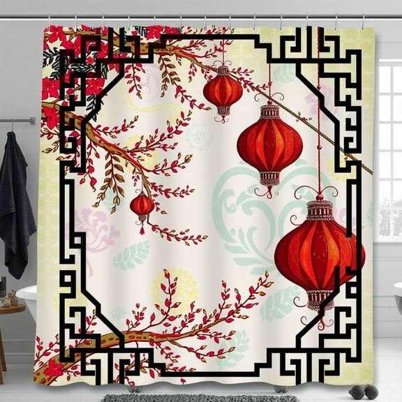 Vibrant Red Blossom Shower Curtain with Lanterns - Asian-Inspired Design