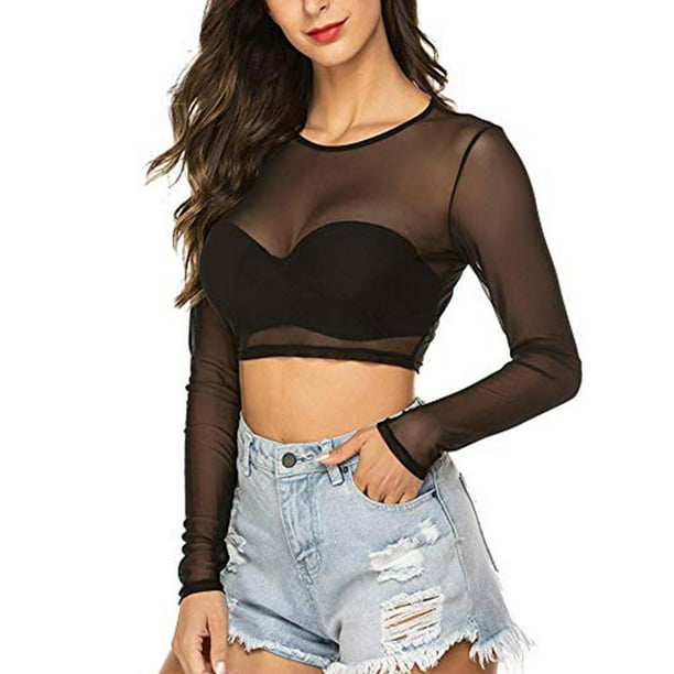 thin Dot rim Avidlove Women Mesh Crop Top Long Sleeve See Through Shirt Sheer Blouse  Black, M - Walmart.com