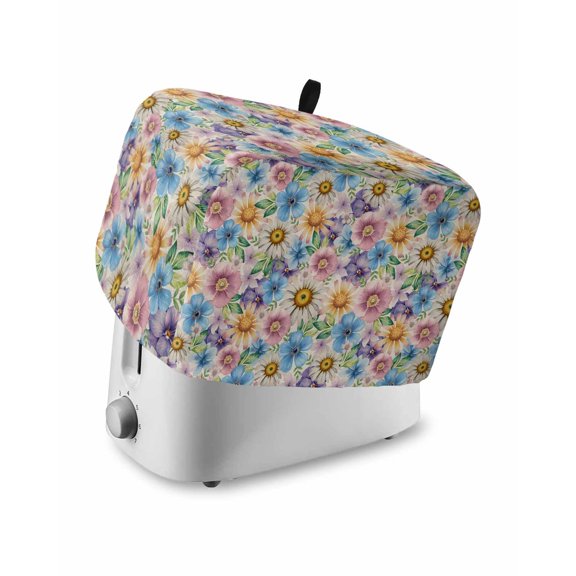Watercolor Flowers Small Toaster Cover 2 Slice, Kitchen Appliance Covers, Spring Floral Daisy Plants Country Beige Toaster Oven Cover with Loop, Bread Machine Cover Polyester Dust Cover Protection