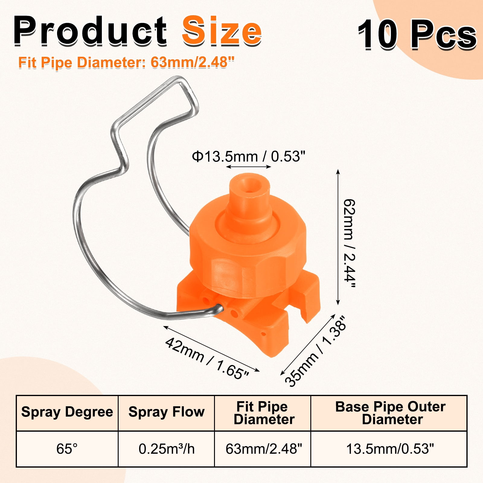 10Pack 65 Degree Spray Nozzle with Clip Fit 63mm/2.5" Hose, 0.25m³/h