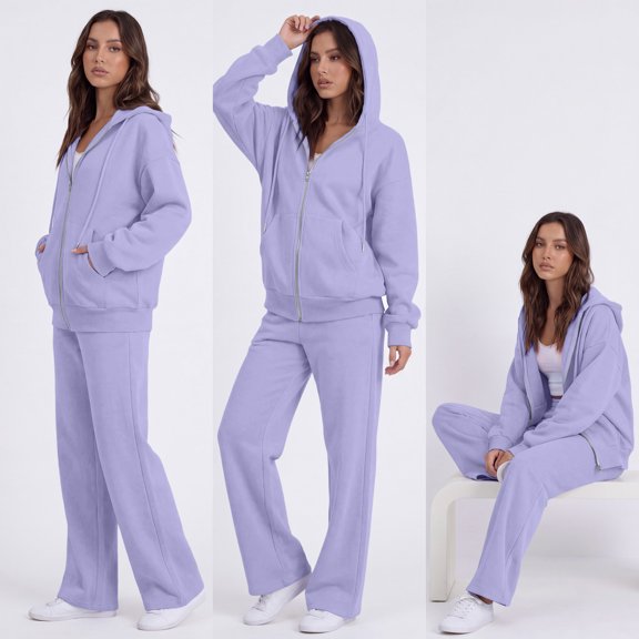 Dwellite Sweatsuits Women 2 Piece Outfit Sweat Set 2026 Fall Winter Full Zip Hooded Jacket Elastic Drawstring Jogger Pants Outfit Light Purple M