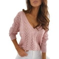 thumbnail image 2 of Pink Sweaters for Women Casual Solid Color Hollow V Neck Knit Sweater Womens Fall Fashion 2025, 2 of 6