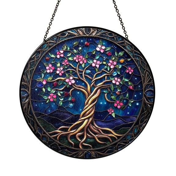 Nature Tree of Life Suncatcher Item Present Zen Circle Panel Glass