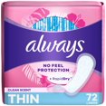thumbnail image 1 of Always Thin No Feel Protection Daily Liners, Regular Absorbency, Scented72 count, 1 of 7