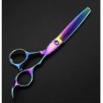 thumbnail image 1 of Juego de tijeras de peluquería de 15 cm (6 pulgadas) de acero japonés con acabado arcoíris y tijeras de entresacar para barberos., 1 of 4
