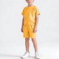 thumbnail image 5 of Boys Girls Summer Outfits Comfy Solid Color Casual Short Sleeve Round Neck T-Shirt + Shorts 2 Pieces Tracksuits Sets with Pockets Yellow 3-4 Years, 5 of 7