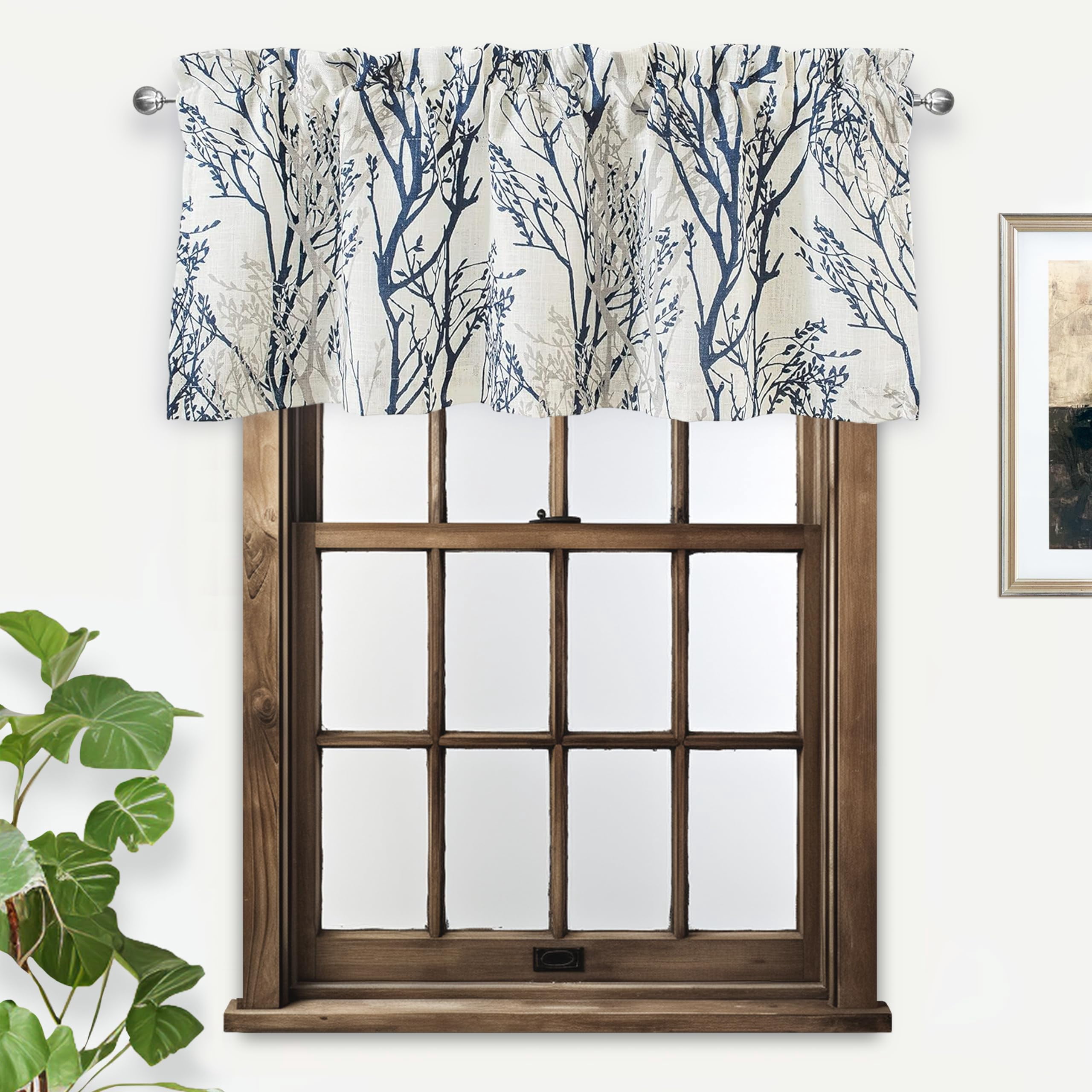 DriftAway Tree Branch Linen Blend Abstract Ink Printing Lined Thermal Insulated Window Curtain Valance Rod Pocket 52 Inch by 18 Inch Plus 2 Inch Header Blue