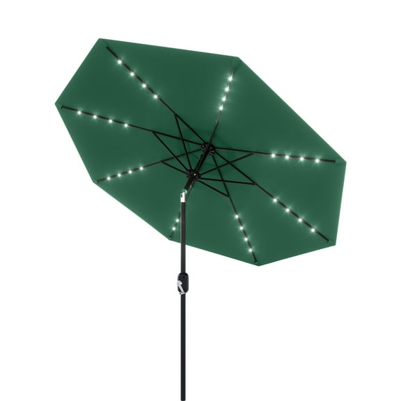 Garvee 9FT Patio Umbrella with 32 Solar LED Lights - 8 Steel Ribs, Tilt Crank, UV Resistant & Waterproof - Outdoor Market Table Umbrella for Pool, Deck, Backyard, Balcony - Dark Green