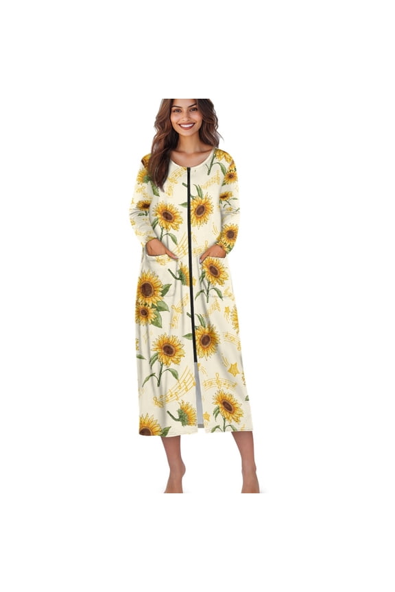 Sunflower Music Note Print Women Zipper Robe Long Sleeves House Coat Soft Bathrobe Sleepwear with Pockets Nightgown Housecoat Loungewear, 3XL