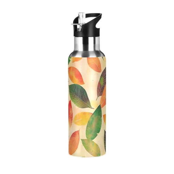 Yayeee 20oz Insulated Water Bottle Double Wall Stainless Steel with Flip Straw Lid, Green Retro Autumn Leaves