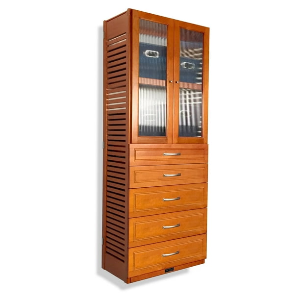 John Louis Home 16in deep Solid Wood Deluxe 5 Drawer/Doors Woodcrest Storage Tower Caramel ...
