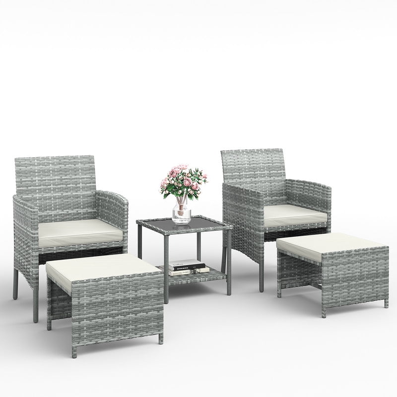 ELPOSUN 5 Piece Patio Furniture Set, Outdoor PE Wicker Chairs for Two with Ottoman Underneath,Beige
