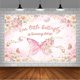 thumbnail image 3 of Fondo de mariposa para feliz primer cumpleaños para niñas. Nuestra pequeña mariposa cumple un año. Decoración para fiesta temática. Mariposa floral rosa ruborizada, fondo de fotografía con purpurina, 3 of 3