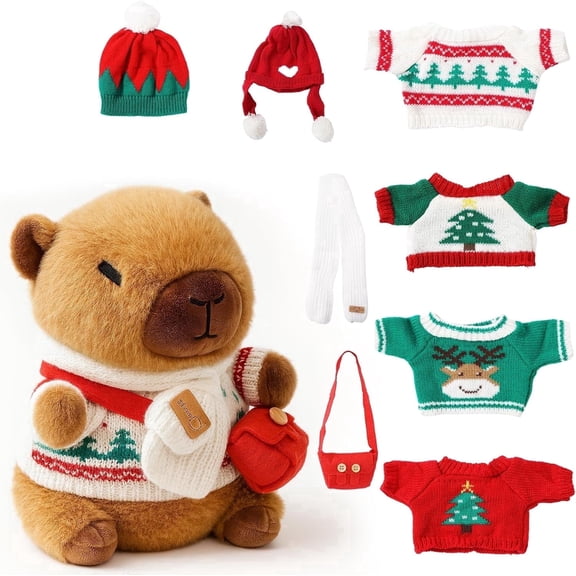 10.2 inch Christmas Capybara Plush Toy with 9 Holiday Outfits & Accessories - Festive Dress Up Set, Super Soft Red Capybara Stuffed Animal for Kids Girls Boys