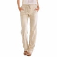 thumbnail image 2 of Women's Striped Linen Pants, High Waisted Elastic Waist Straight Leg Trousers, Drawstring Casual Beach Pants for Women, Summer Wide Leg Comfortable Palazzo Pants Beige L, 2 of 4