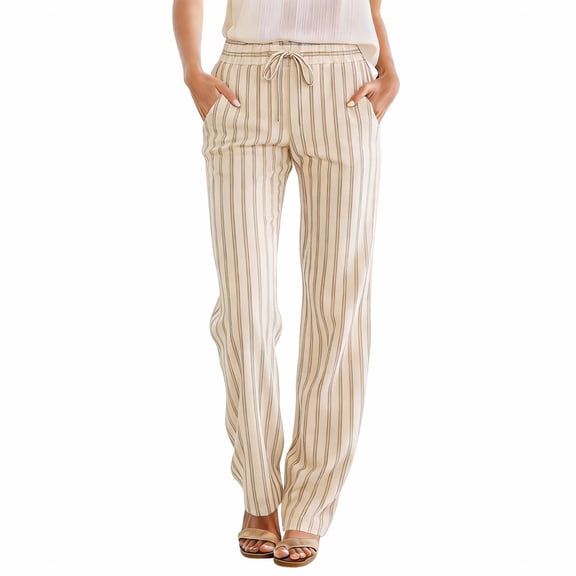 Womens Sweatpants Linen High Waist Elastic Summer Beach Casual Wide Leg Sweatpants Women Beige L