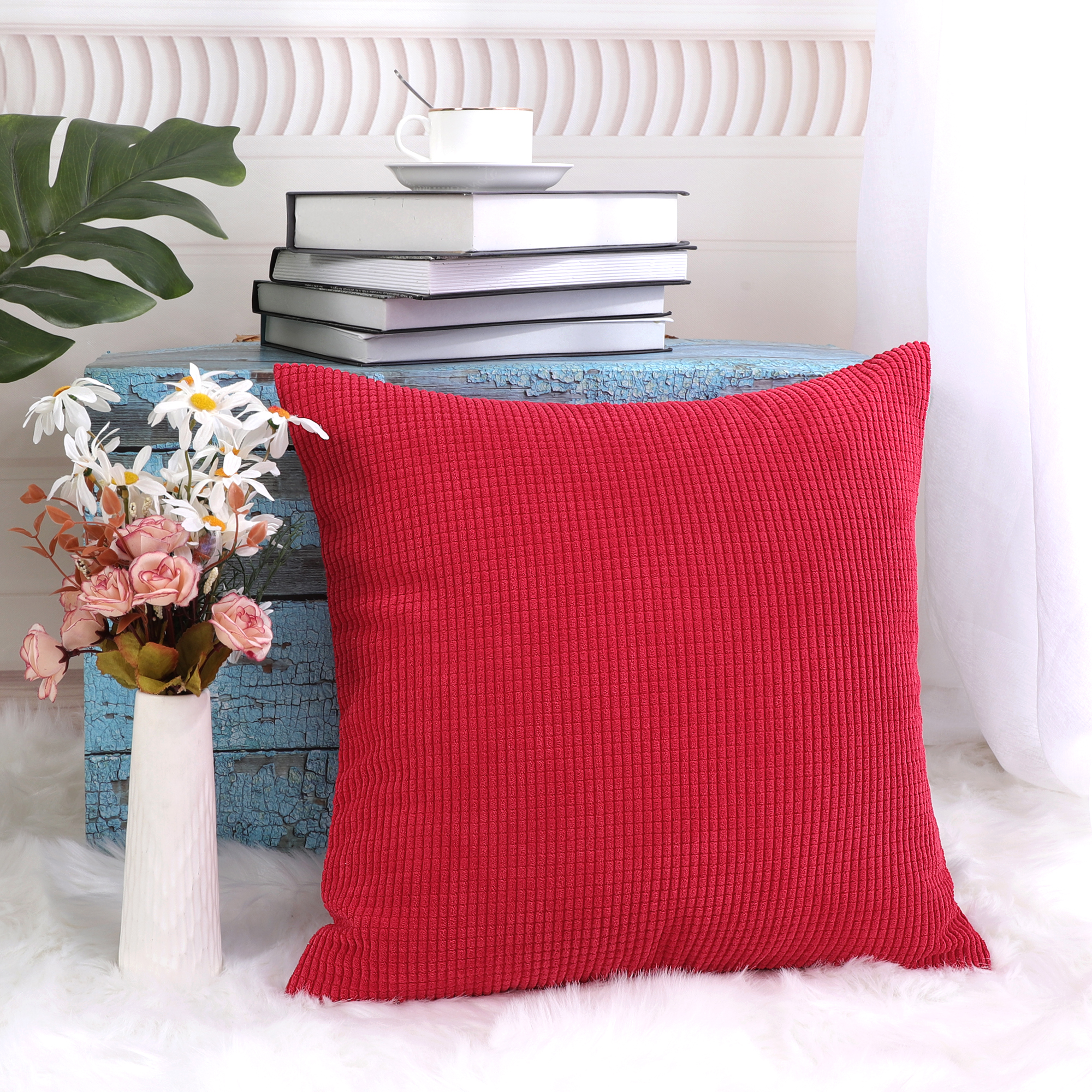 Unique Bargains Corduroy Texture Decorative Throw Pillow Cover Red 18" x 18"