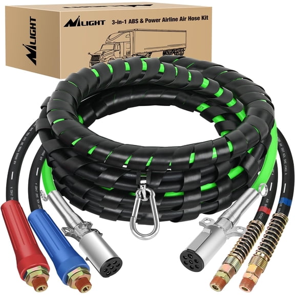 Nilight 15FT 3 in 1 ABS & Power Air Line Hose Kit Heavy Duty Green 7 Way Electrical Cable with Emergency Breakaway Assembly Weatherproof for Semi Truck Trailer Tractor