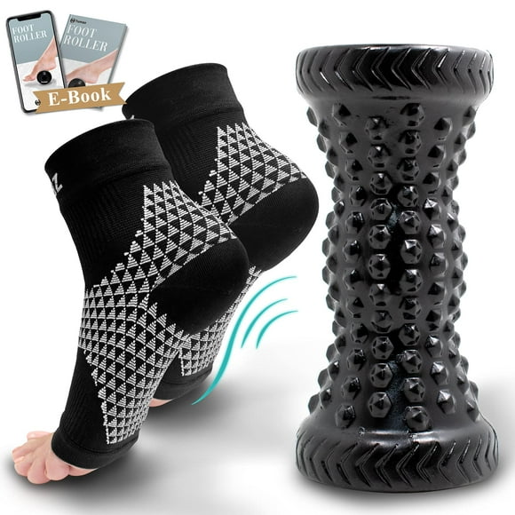 Tumaz Foot Compression Sleeves & Foot Roller Set for Women & Men - 23-32 mmHg Plantar Fasciitis Compression Socks for Improving Blood Circulation, Foot Pain Relief, Arch Support (Black)