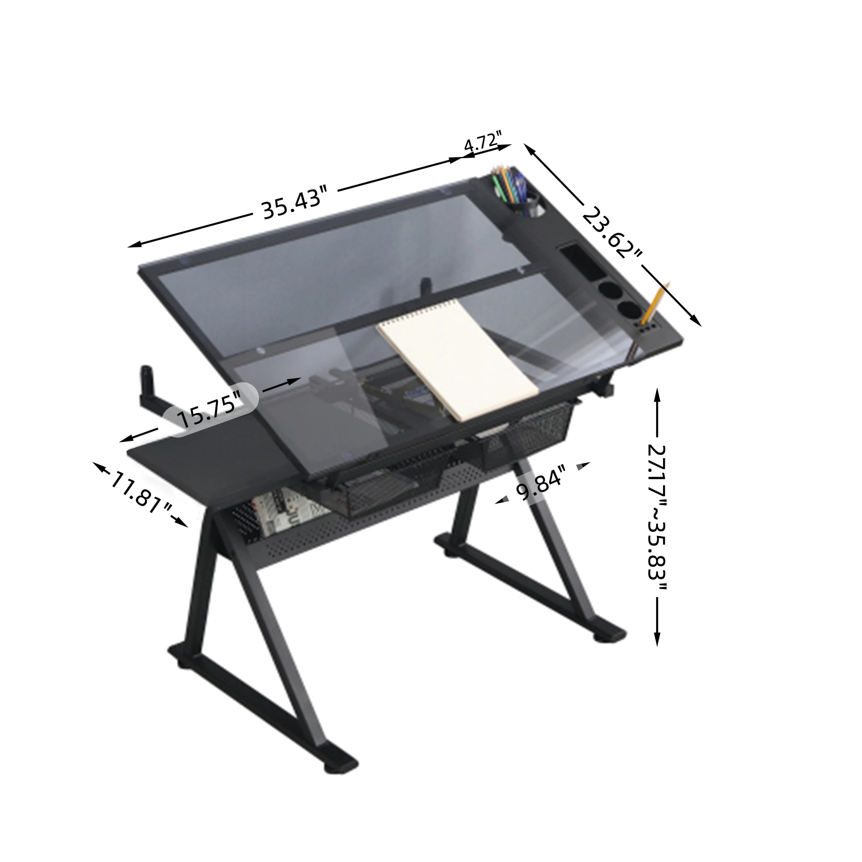 Drafting Table, 0-75°Adjustable Glass Top Artist Table, Height Adjustable Drafting Desk with Large Storage for Painting & Crafting, Ideal for Designers and Art Students (Black)