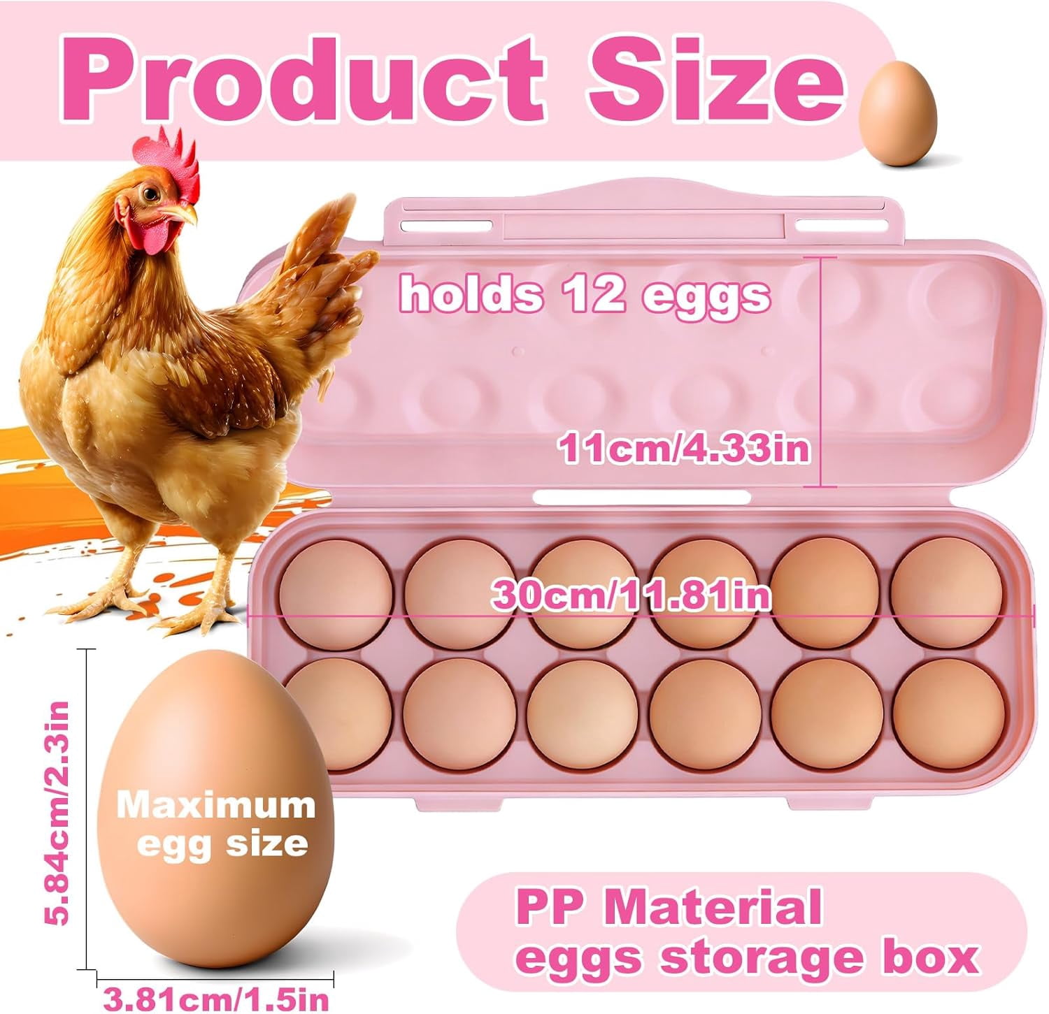 ABPETE Large Capacity Outdoor Egg Holder, Plastic Egg Fresh Carrier Egg Storage Container Organizer Box for Fridge, Stackable Egg Holder for Refrigerator Picnic Hiking Travel, 12 Eggs Tray Pink