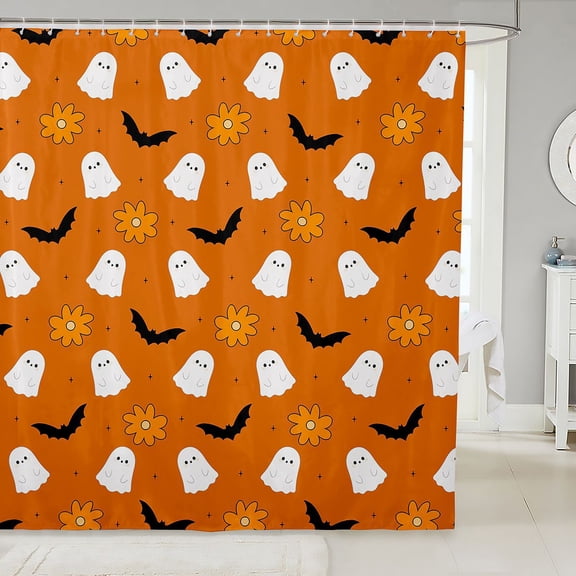 Manfei Happy Halloween Ghost Shower Curtain 72Wx72L,Cute Floral Pattern Bathroom Curtain