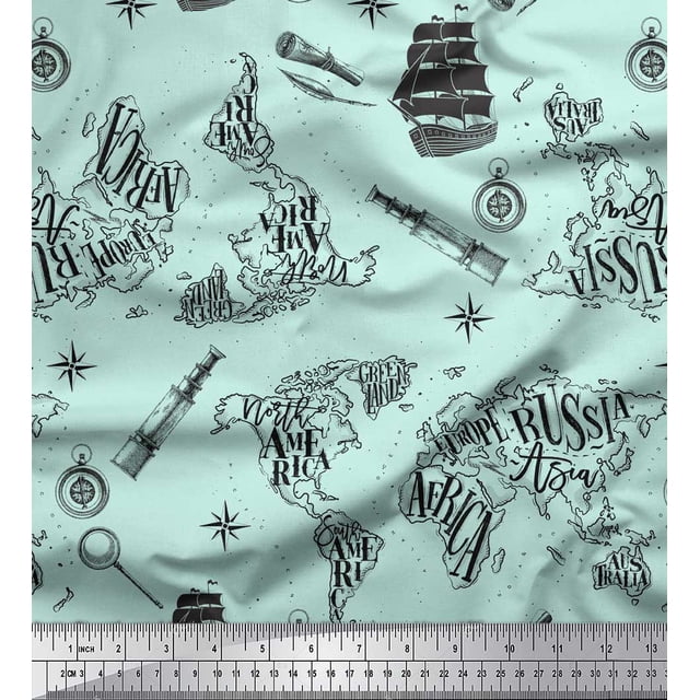 Soimoi Green Silk Fabric Pirate Ship & Telescope Map Print Sewing Fabric Yard 42 Inch Wide