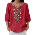thumbnail image 7 of Womens Summer Linen Tops Casual 3/4 Sleeve Split Neck Shirts Loose Boho Embroidered Womens Vacation Beach Blouses S-3XL, 7 of 7