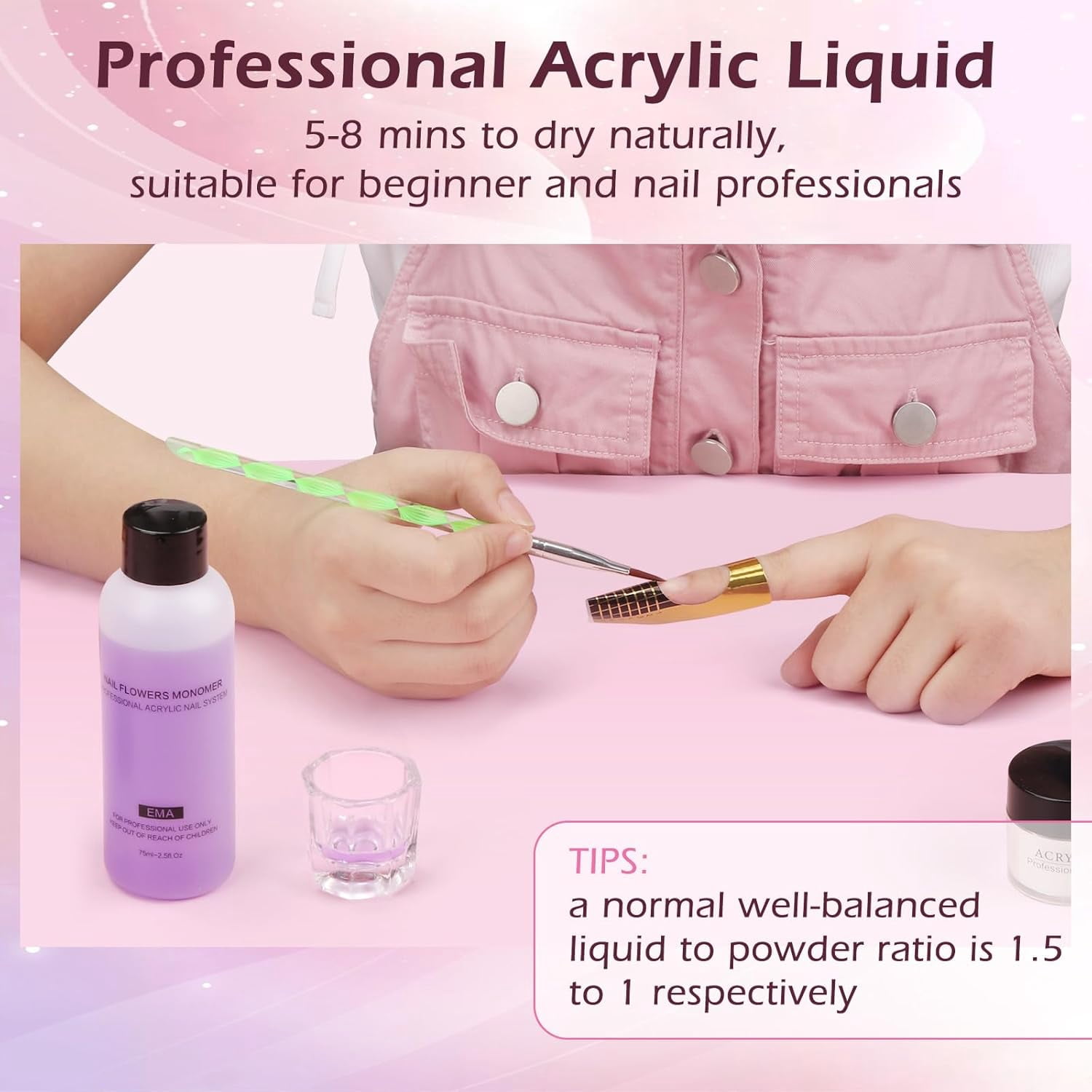 Nail Kit for Beginners with Everything: Professional Nail Acrylic Powder Liquid Set with Practice Hand Drill U V Light in Cosmetic Bag for Women Salon Home (Pink)