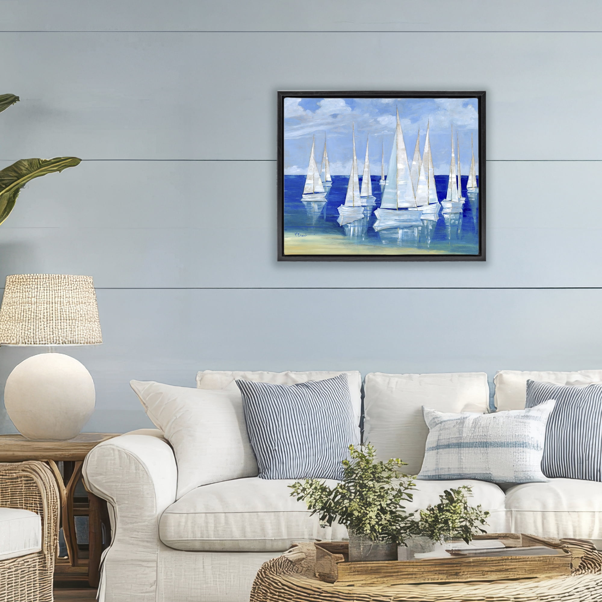 Stupell Industries Blanco Beach Sailboats Black Framed Floater Canvas Wall Art, design by Paul Brent