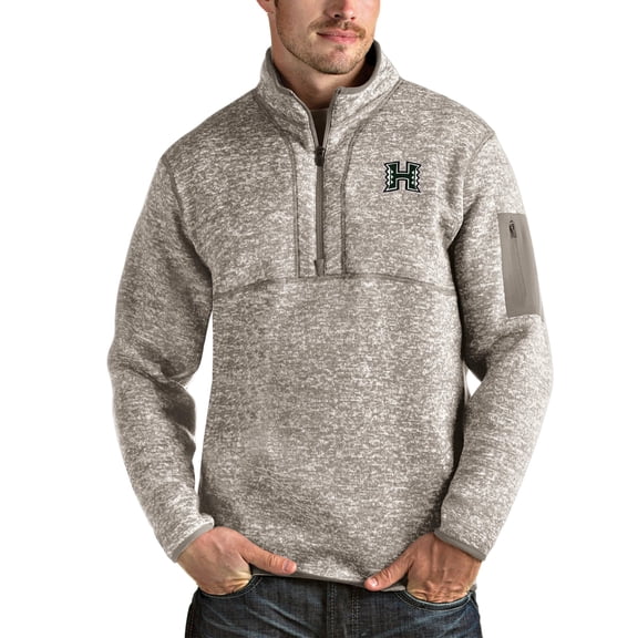 Men's Antigua Oatmeal Hawaii Warriors Fortune Half-Zip Pullover Jacket
