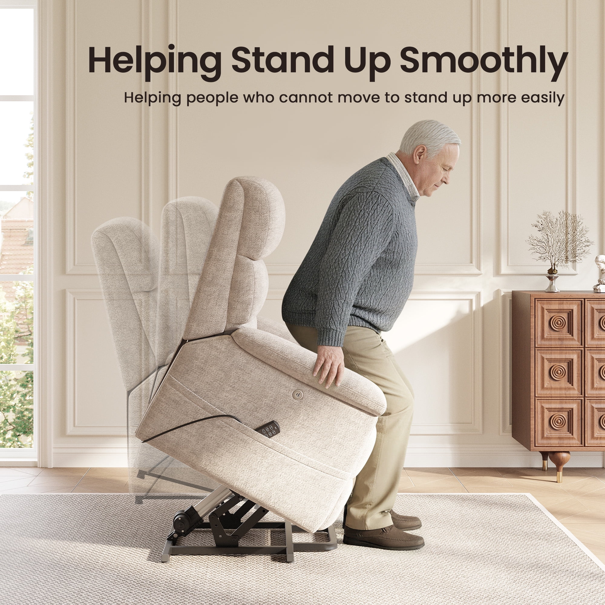 COLAMY Eleva Power Lift Recliner Chair with USB & Type-C Charge,Dual Motors Adjustment Recliner with Padded Upholstered Seat and Armrest, Double Storage Pockets, Camel