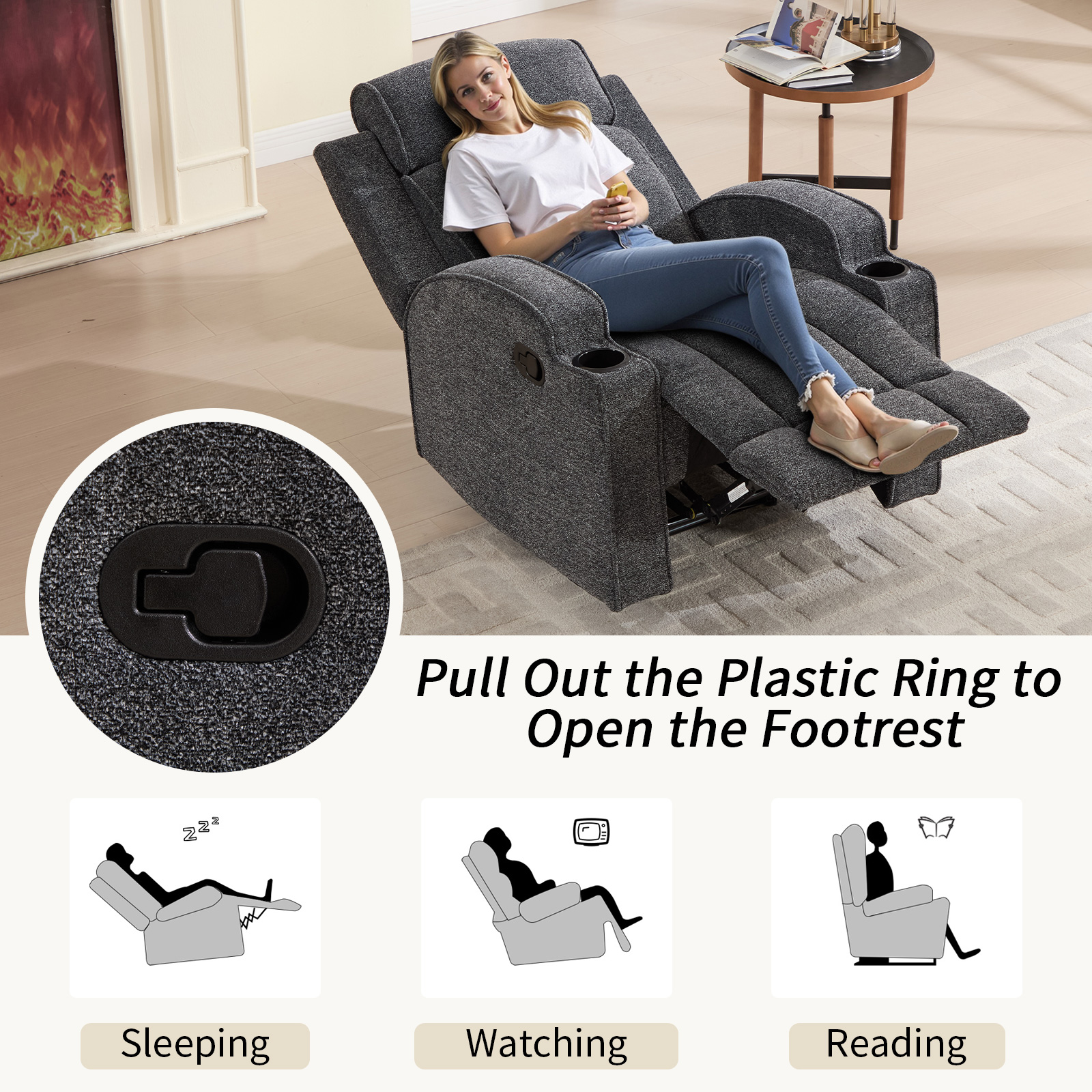 Bonzy Home Fabric Manual Recliner Chair — Modern Single-Seat Recliner with Padded Armrests & Backrest for Living Room & Bedroom