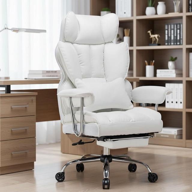 Desk Office Chair Big Back PU Leather Computer Chair Executive Office Chair with Leg Rest and Lumbar Support Grey Office Chair