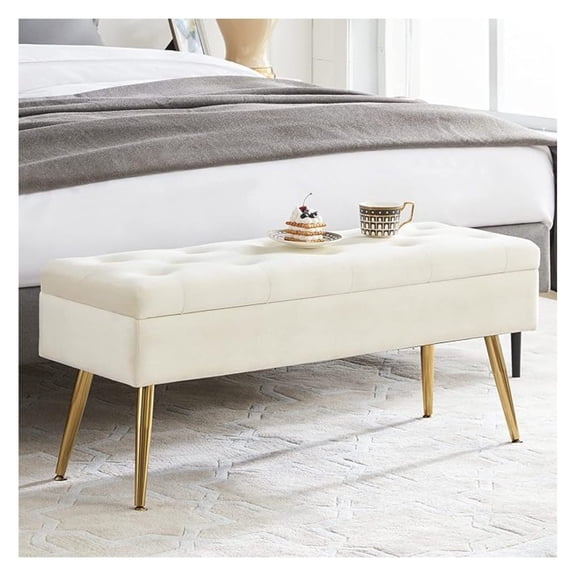 Cream Storage Ottoman for Bedroom, End of Bed Bench with Lid - Entryway Footrest with Hidden Storage - Upholstered Tufted Ottoman, 40x14x17