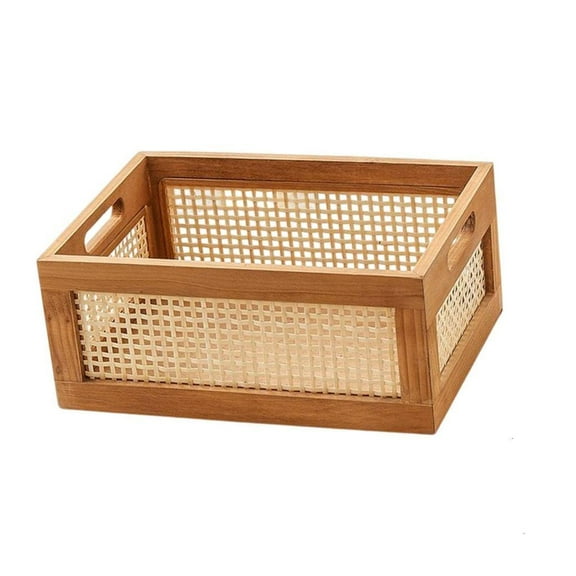 Solid Wooden Frame Storage Box Bamboos Woven Container For Sundries And Snacks